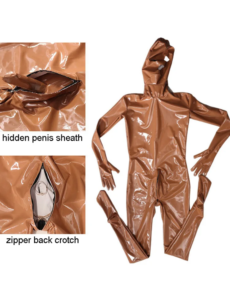 Wet Look PVC Full Coat Separate Finger Bodystocking Hidden Penis Sheath Zipper Crotch Bodysuit Tights Cosplay Leotard Conjoined