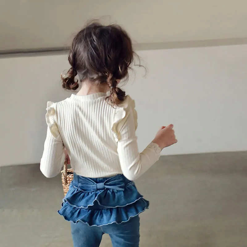 Children Clothing Kids 2024 Spring Autumn T-shirt Korean Style Girls Lace Long Sleeve Solid Color Casual Simple T Shirt Top