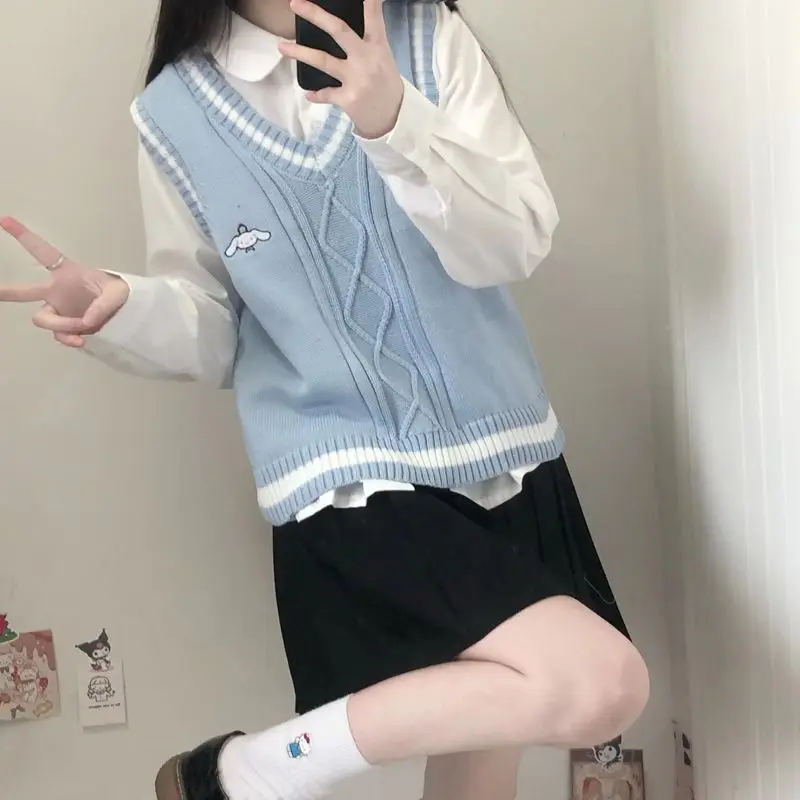 Sanrio Cinnamoroll Knitted Vest Kawaii Anime Kuromi Spring Autumn Warm Student Jk Sweater Pom Pom Purin Cartoon Cute Girls Tops