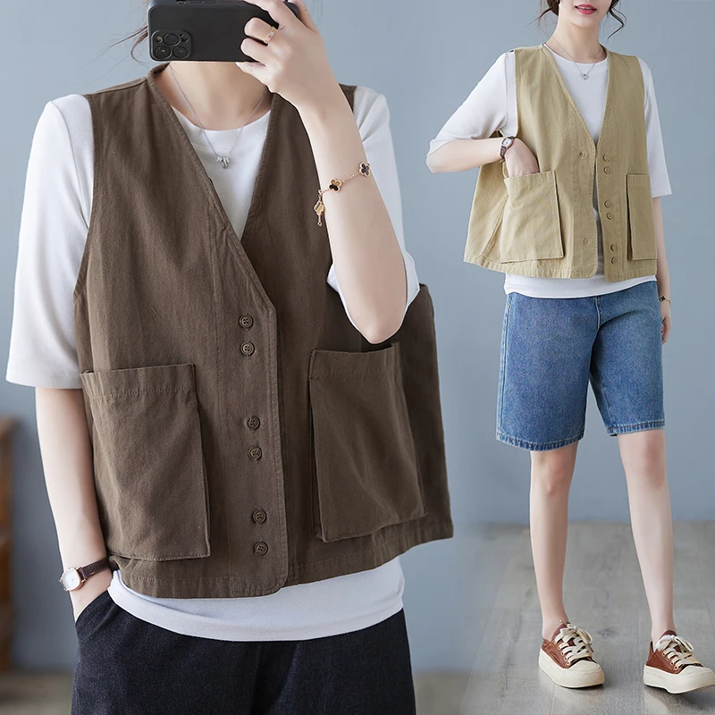 

Жилет для спецодежды в стиле ретро, женский летний свободный жилет BF Sle Big ket oulder Pad Svel ort Top Cotton Blend V-Ne Singl...