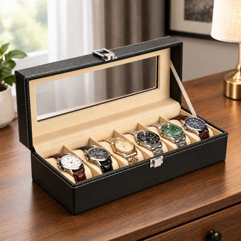 Men's Watch Storage Box with Display Stand, Multiple Compartments, PU Leather Exterior, Glass Lid for Elegant Organization and