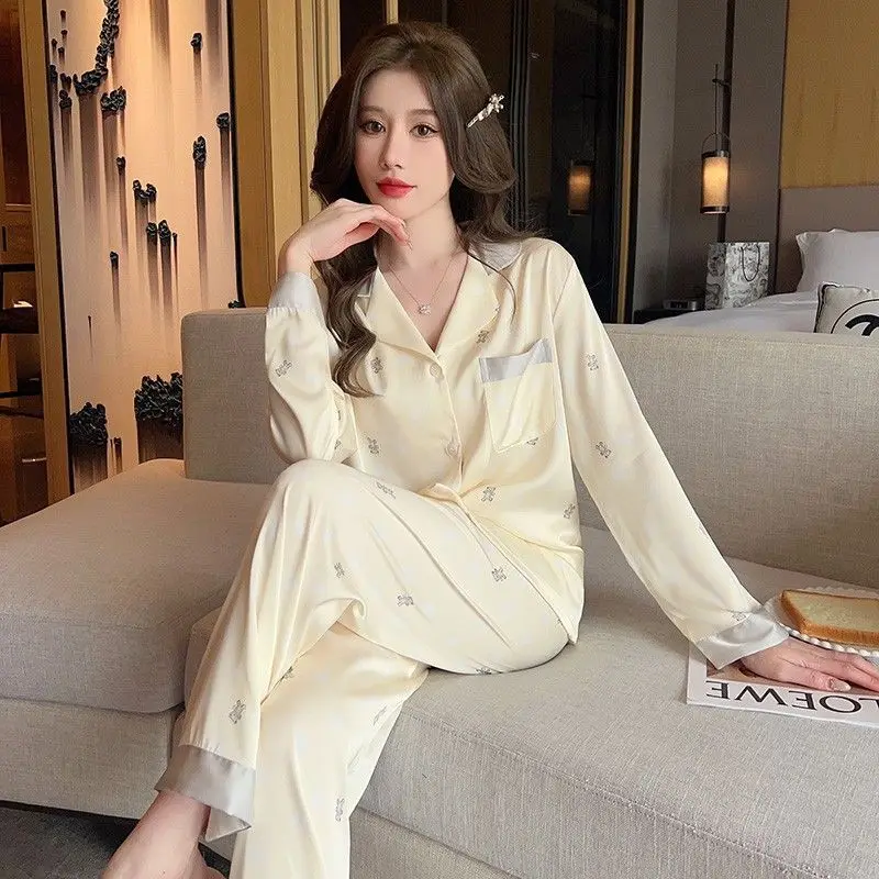 Women Clothes 2-Piece Set Ice Silk Pajamas Spring and Autumn Long-Sleevedloose Section Homewear Ladies Casual Floral Loungewear