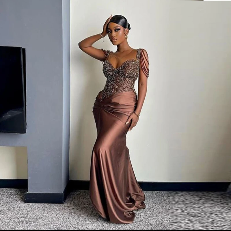 Chocolate Brown Pearls Beaded Prom Dresses Ruched Satin Black Girls Long Evening Gowns African Women Wedding Party Dress