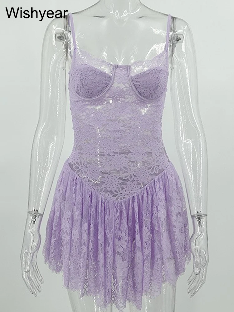 Wishyear สปาเก็ตตี้เซ็กซี่สายคล้องลูกไม้ดูผ่าน Bodycon มินิชุดผู้หญิงเซ็กซี่ไนท์คลับสาวร้อนปาร์ตี้เต้นรําบาร์ Vestidos 2025