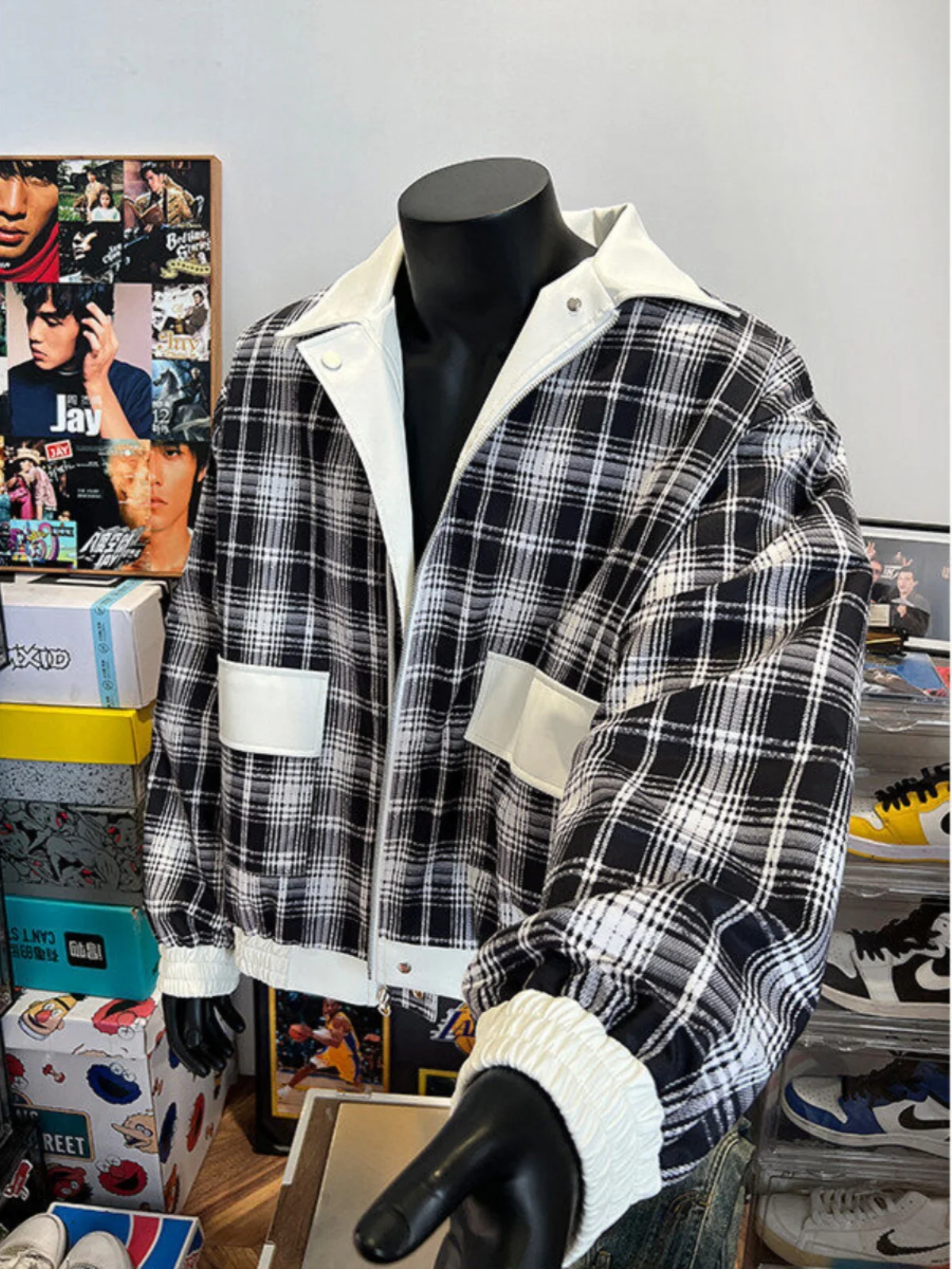 

Retro Double-Sided Wear Leather Jaet Men Women Spring Autumn High-End Feeling Cool American Motorcycle Sle Plaid Patchwork