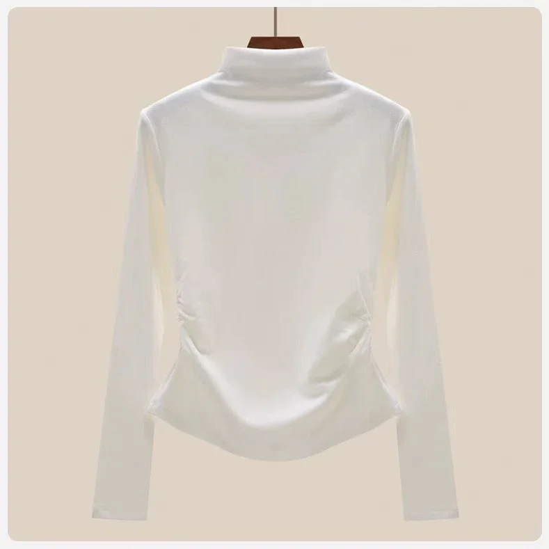 Women Slim Ruched Waist Turtleneck Top Autumn Winter Fleece Lined Warm Cotton Long Sleeve Base T Shirt