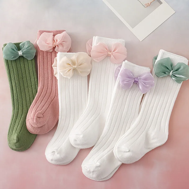 Newborn Baby Girl Socks Toddler Sweet Bowknot Anti-Skid Cute Mid-Calf Fall Winter Warm Kids Socks Baby Items Accessories