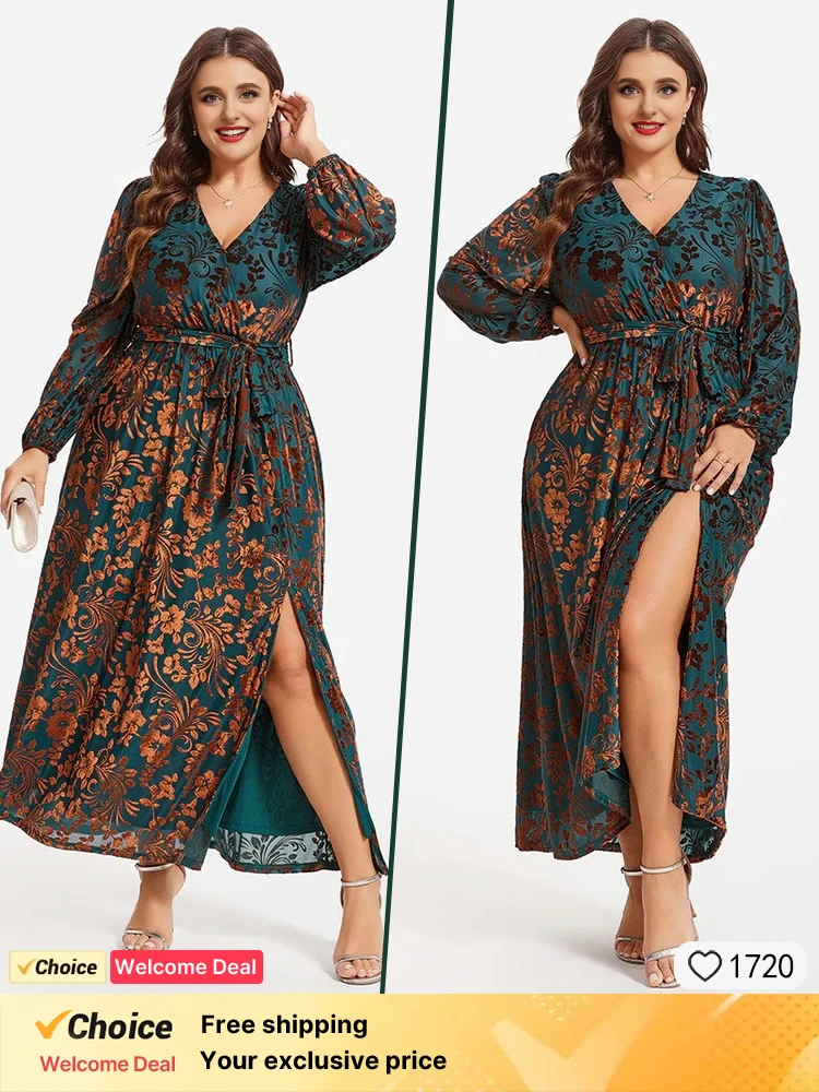 2025 New Fashionable Printed Dress Green Velvet Plush Dress Sexy Large Ball Evening Dress Fashionable Women's Long Sleeve Dress