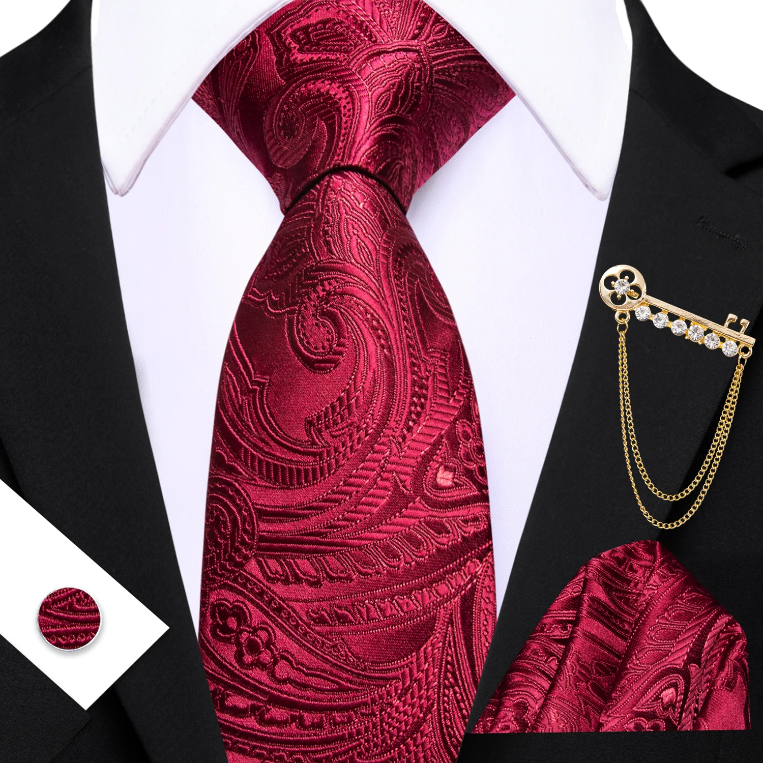 Klassisches Herren-Krawatten-Set mit Blumenmuster, Rot, Grün, Braun, passender Einstecktuch und Manschettenknöpfen, lässige Krawatten-Accessoires