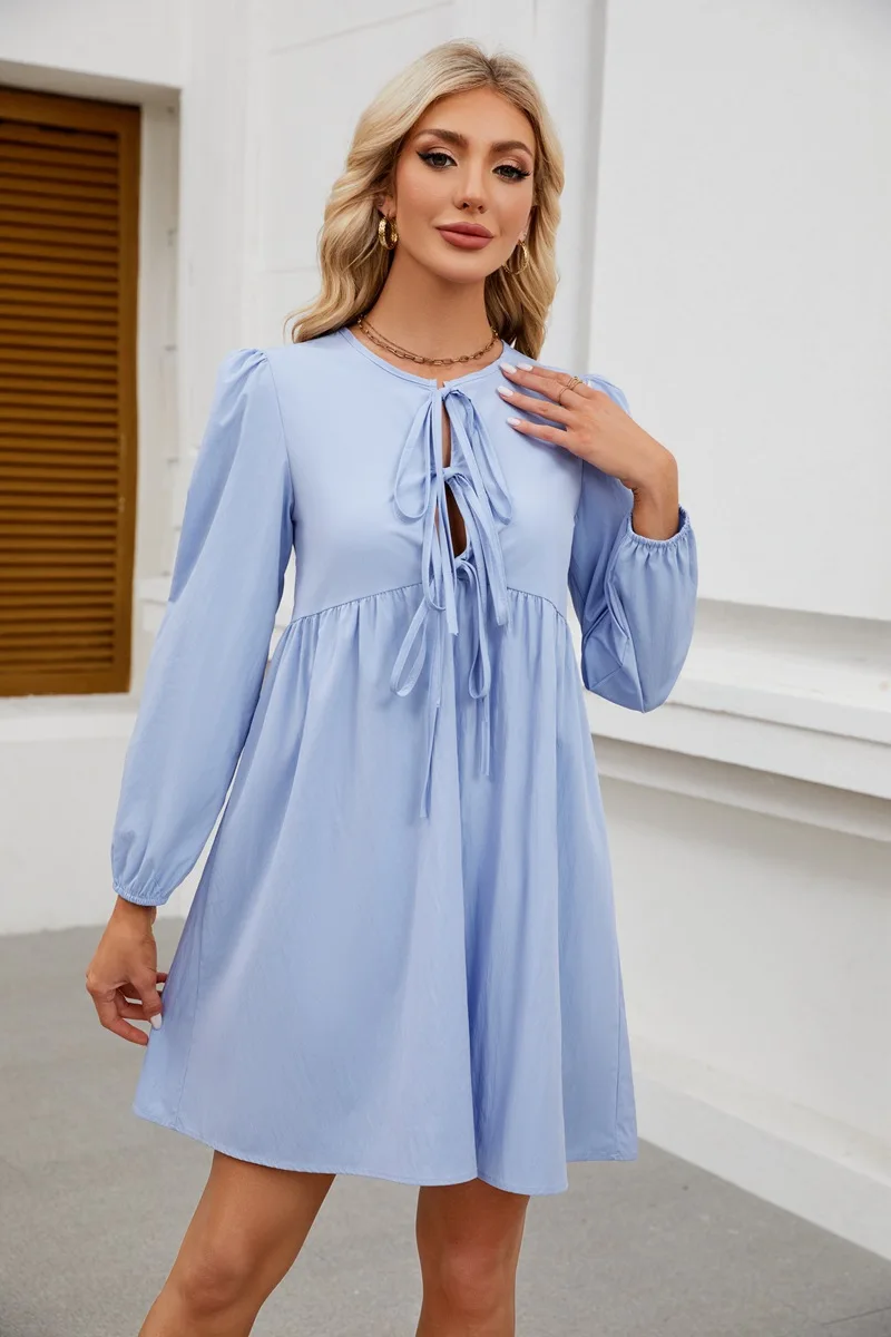 Frühling Casual Süße Hemd Kleid frauen Langarm Rundhals Lose Hoodie Kleid Strand Einfarbig Festival Bowknot Kleid