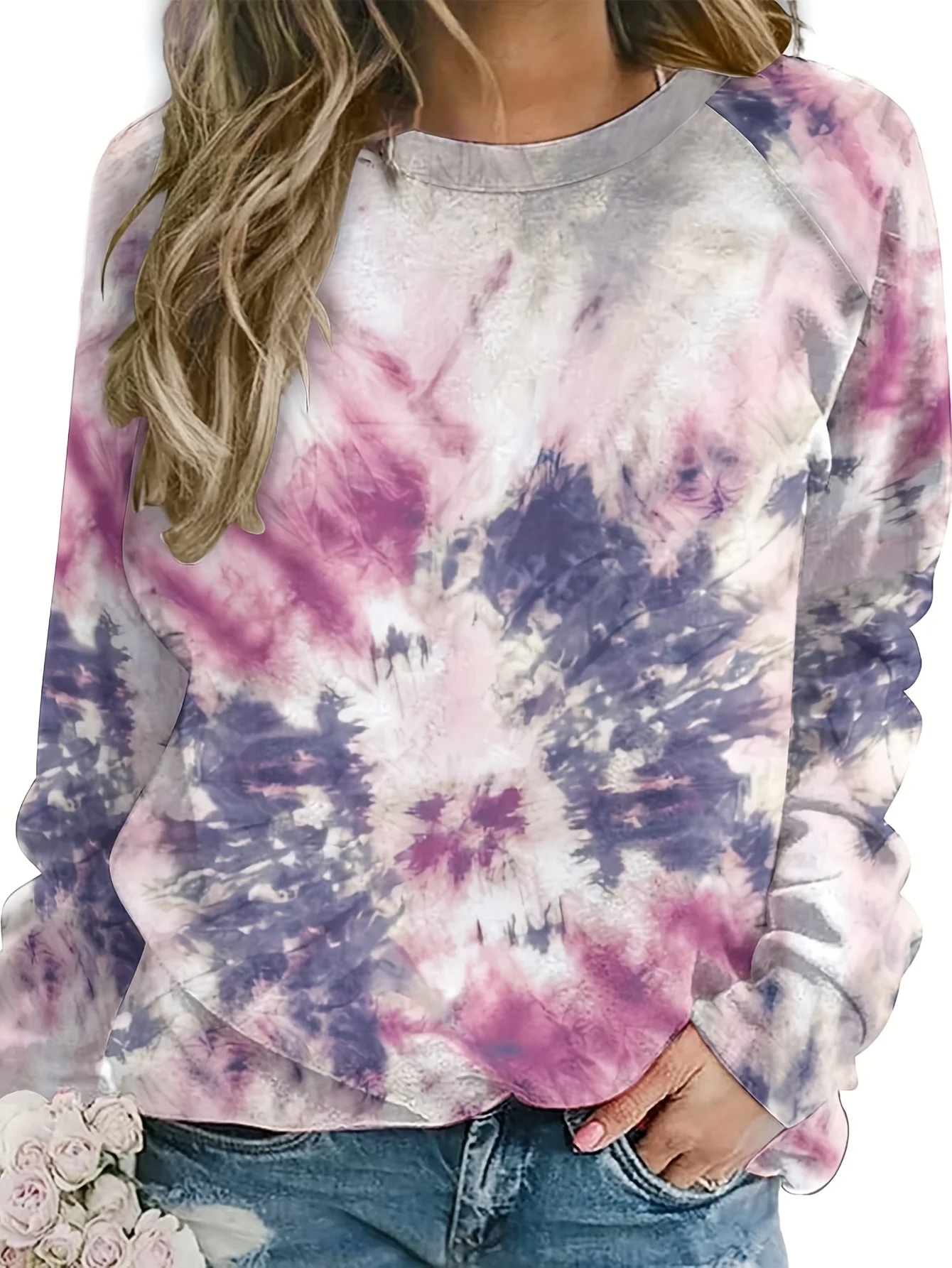 Casual Long-Sleeve Tie-Dye Sweatshirts for Women, Featuring a Loose Off-The-Shoulder Design And Round Neck