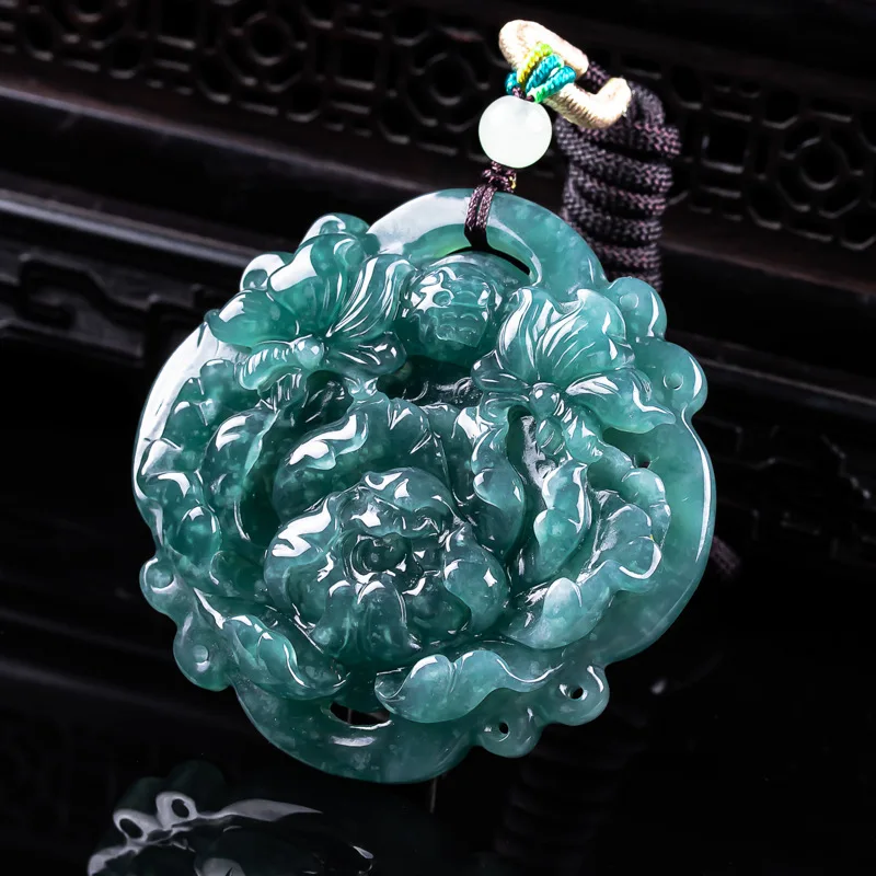 

Мьянманский жадеит, кулон с цветком пиона, ожерелье, винтажные настоящие ювелирные изделия, камень, бирманский нефрит, роскошный резной амулет, дизайнерский шарм