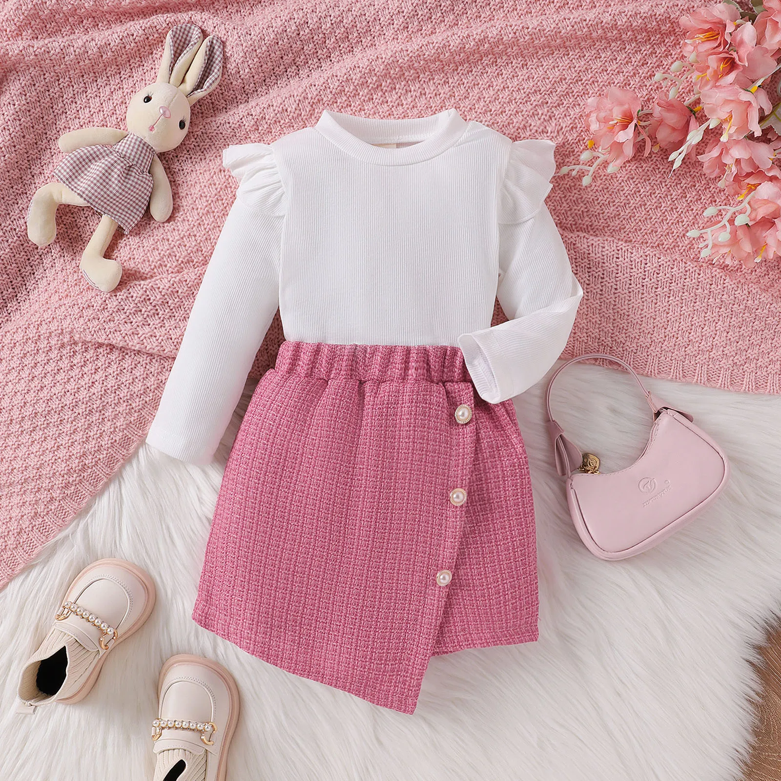 0-4Y Toddler Girls Clothes Fall Winter Clothes Sets Long Sleeve Top and Irregular Tweed Skirts Baby Kids Girls Outfit Sets 2Pcs