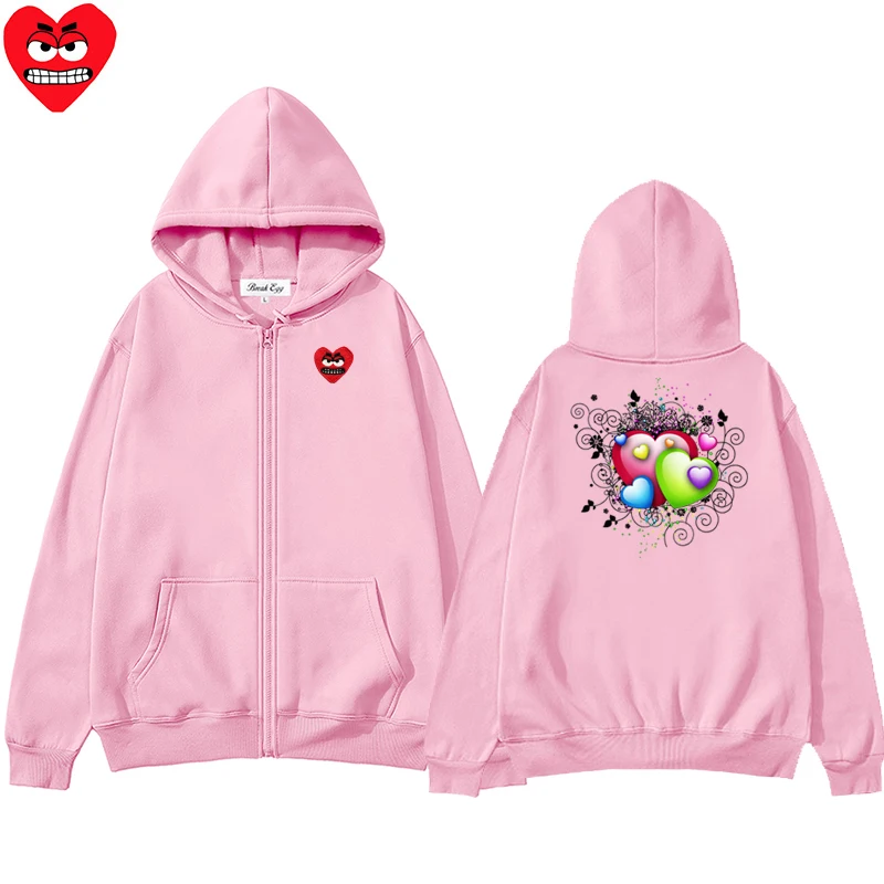 Chomper Printing Men Women Zipper Hoodie Cool Cute Snag Heart Embroidery Polyester Pocket Loose Thin Autumn Sweater