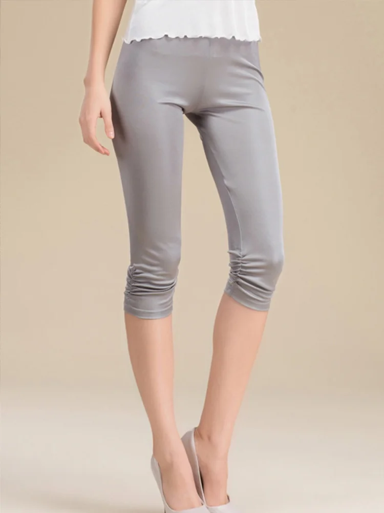 SuyaDream – Leggings tricotés en soie naturelle pour femmes, pantalon Slim, 3/4 de longueur, Anti-vide, noir Khkai
