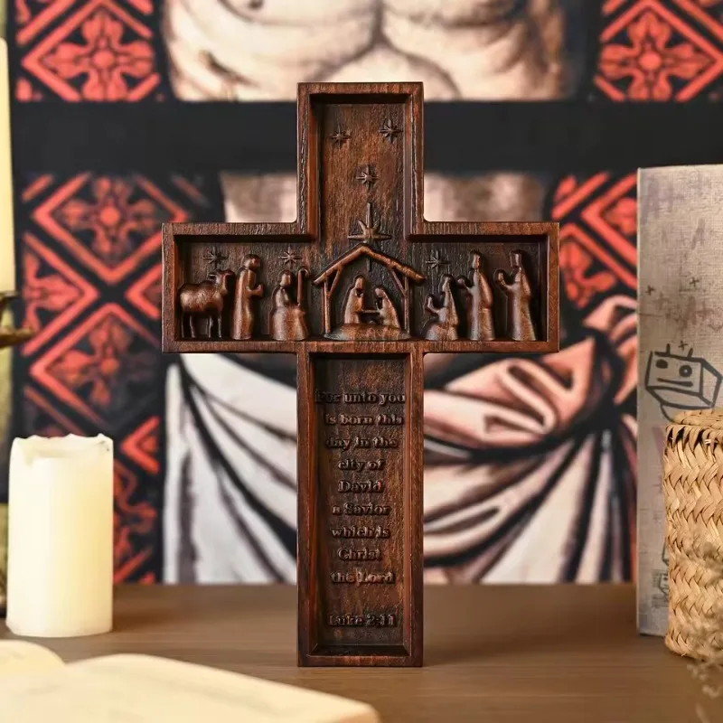 Wood Carving Jesus Birth Cross Crafts Home Church Decoration Cross-border Ornaments Solid Wood Pendant Wooden Decor