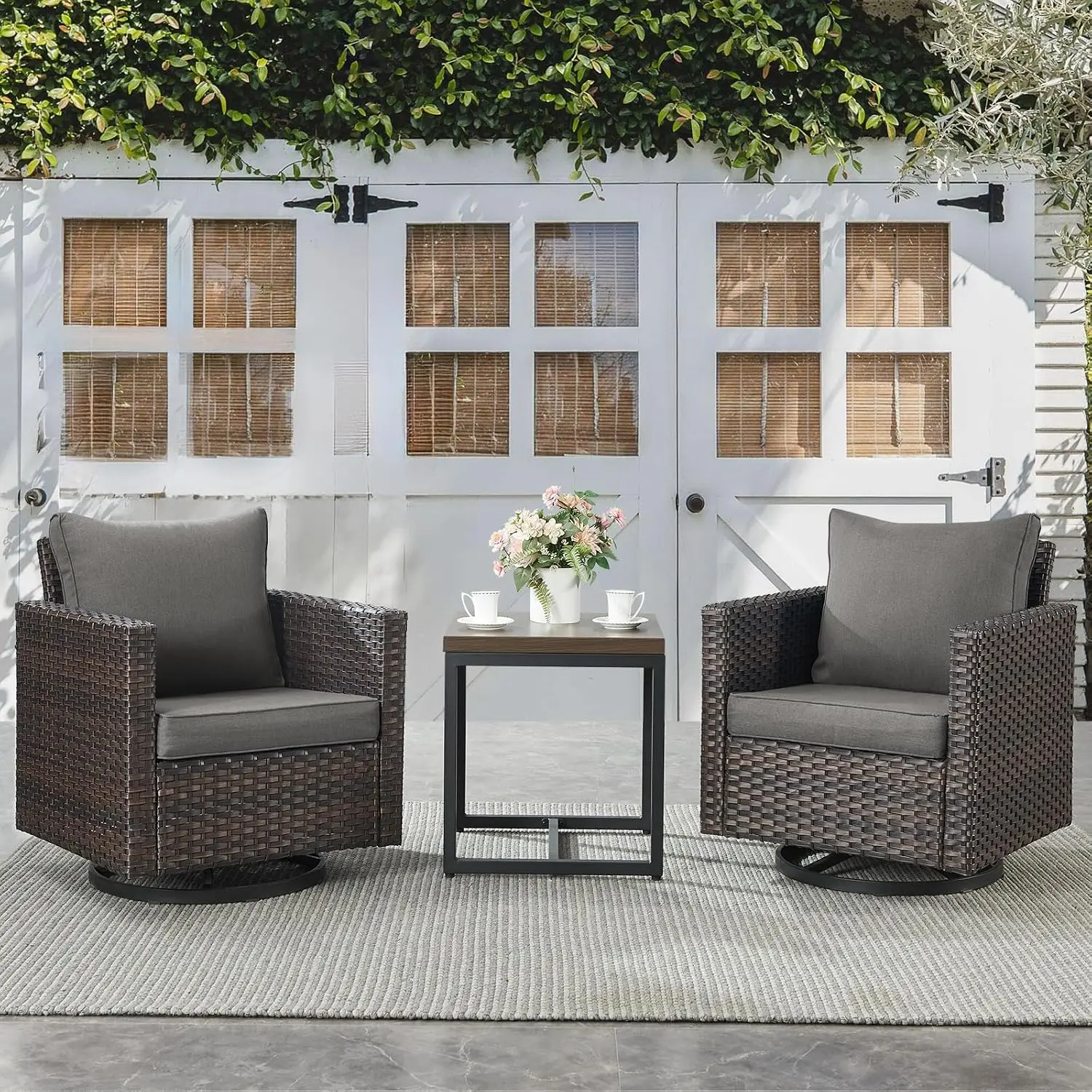Outdoor Wicker Swivel Rocker Bistro Set 3 Piece Oversize Rattan Seating with Metal Side Table Porch Backyard, Customized