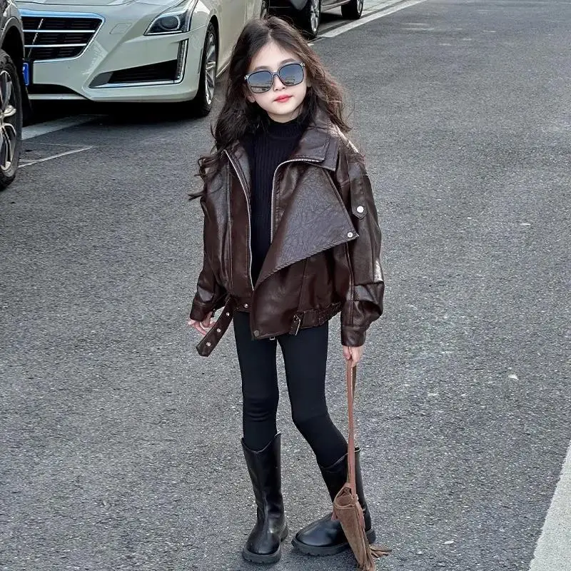Girls Leather Jacket 2026 Spring Autumn Kids Leather Clothing Korean Style Spring Cool Stylish Girls Jacket