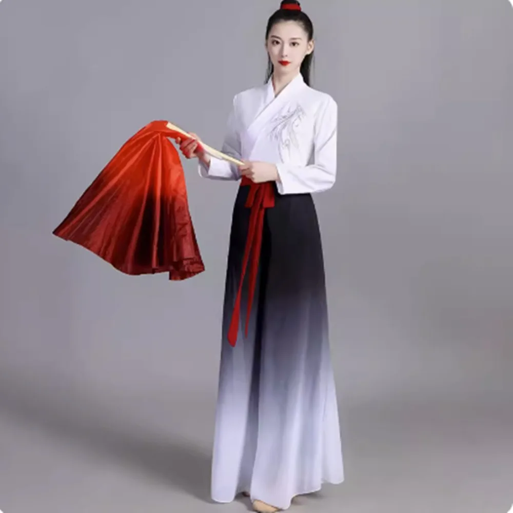Wan Jiang Performance Costume for Women Ink-Wash Classical Chinese Folk Dance Practice Wear, Modern Flowy Fan Dance Outfit