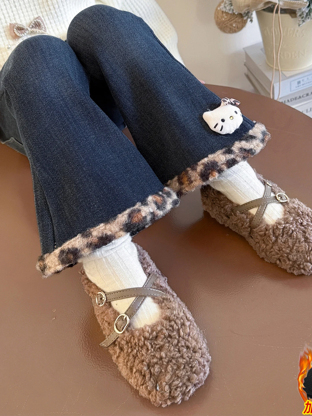 

Girls Fce Lined Flared Jeans Patterned Warm Loose Fit Children's Faionable Autumn Winter Denim Pants High Waist Long...