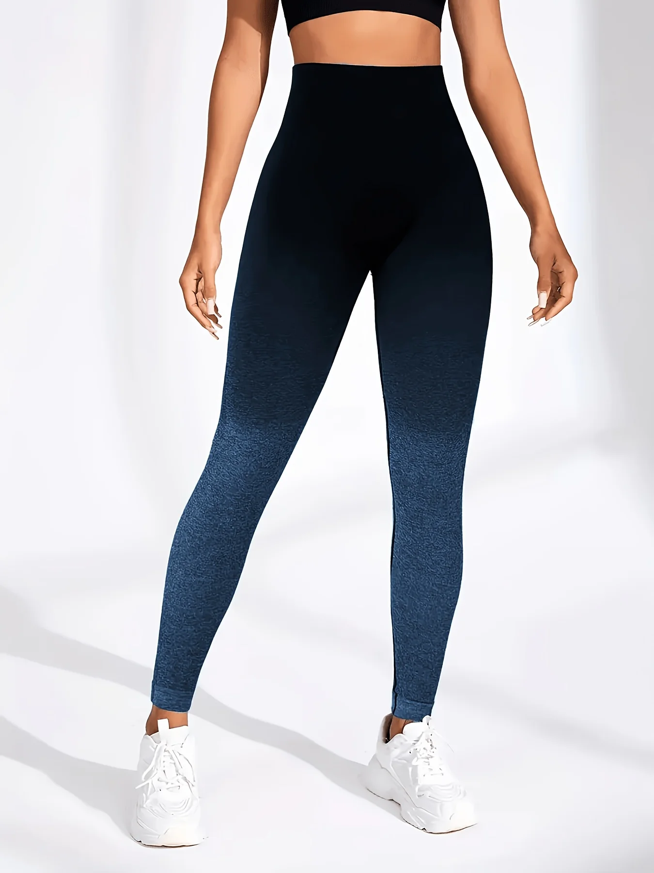 Women Blue‑Black Gradient Print Fleece Lined Leggings Mid Waist Stretch Fitness Yoga Sports Pants