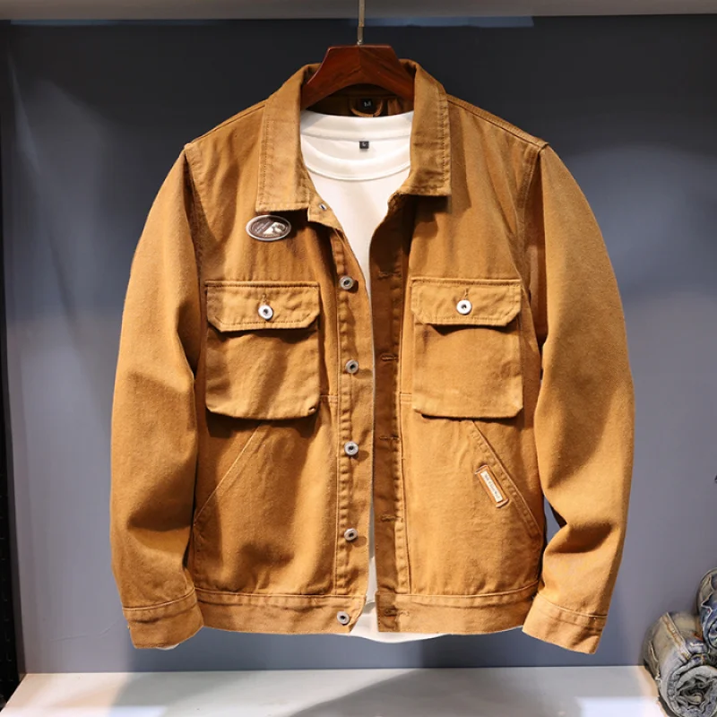 Blouson en Jean Vintage Américain Décontracté avec Revers Multi-Poches, Vêtement de Travail Tendance de Style Japonais, Nouvelle Collection Automne 2024