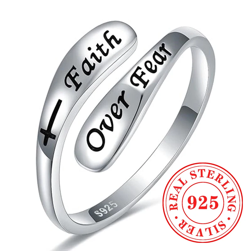 Huitan 925 Sterling Silver Incentive Opening Rings Faith Over Fear Engraving Words Finger Accessories Encourage Positive Jewelry