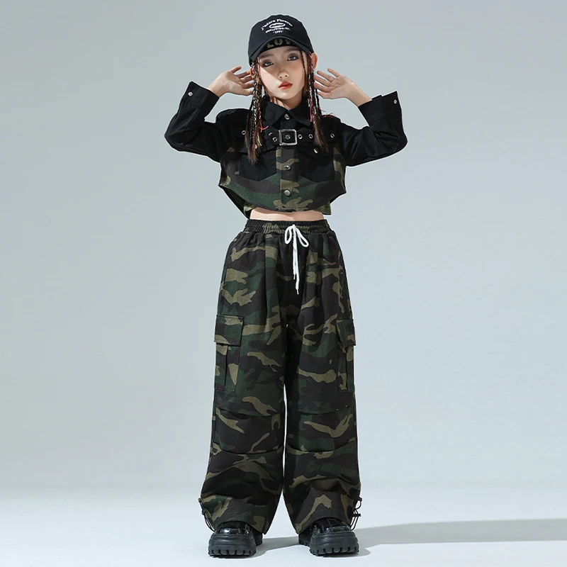힙합 댄스 코스튬 소녀 재즈 케이팝 무대 의상, 위장 셔츠 바지, 패션 어린이 의류, 스트리트 댄스 의류, VDL1665
