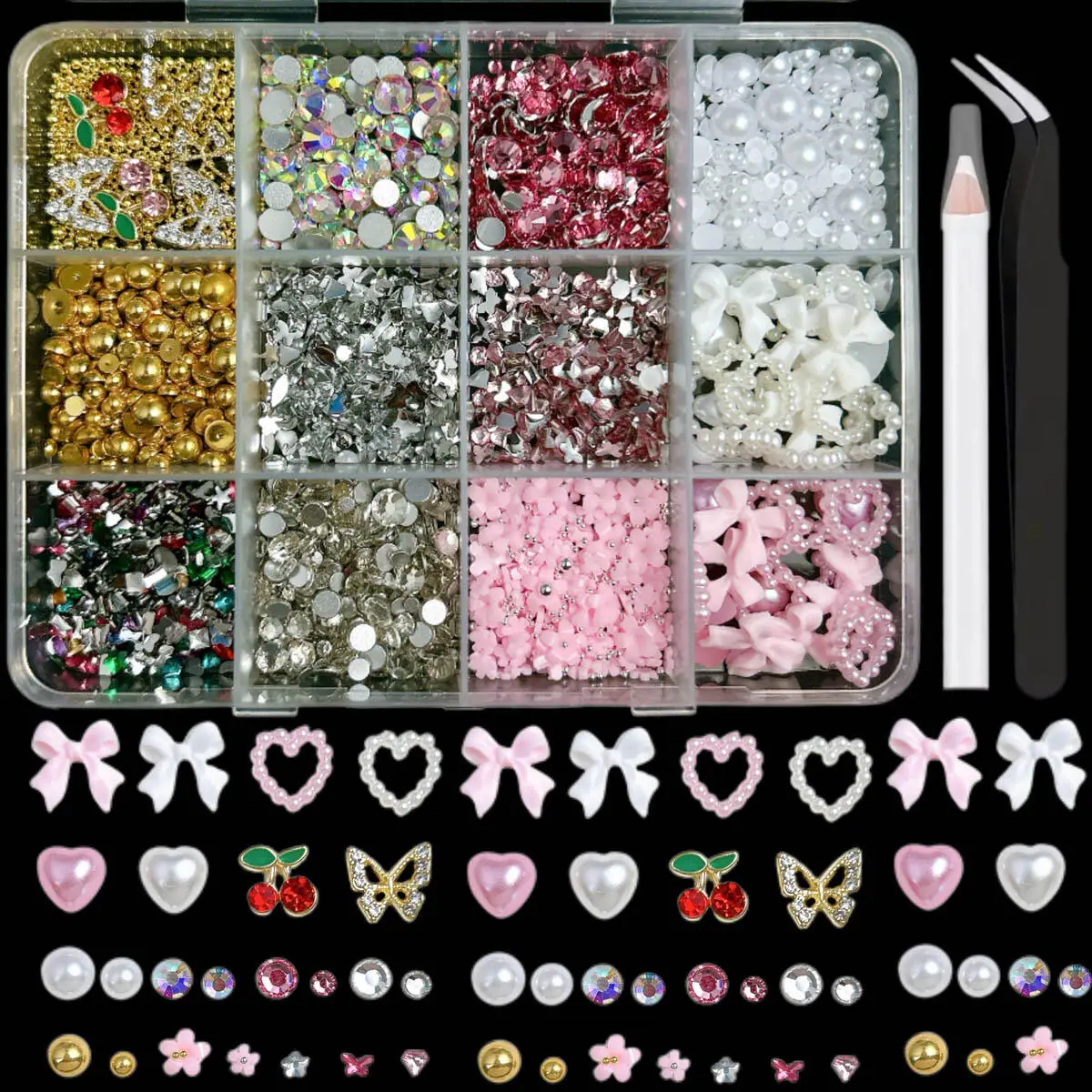 

12Grids/Box Mixed Resin Bow Flower Heart Star Nail Charms 3D Colorful Rhinestone Pearl Nail Art Decorations Manicure DIY Parts
