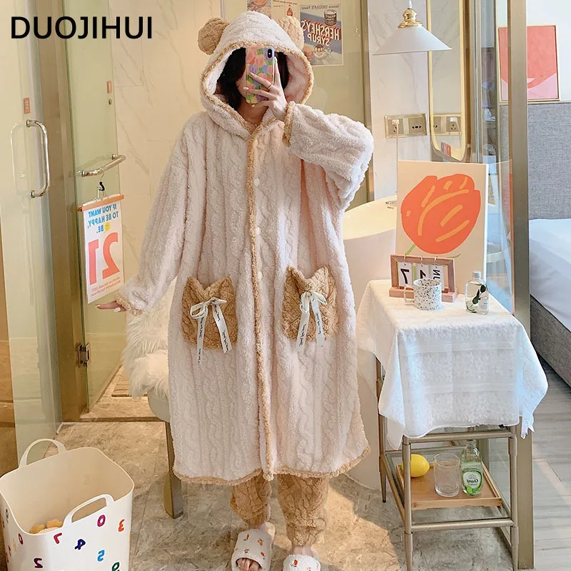 DUOJIHUI Classic Two Piece Winter Cute Bathrobe Women Hooded Fashion Pocket Robe Loose Pant Thick Warm Flannel Robes for Women