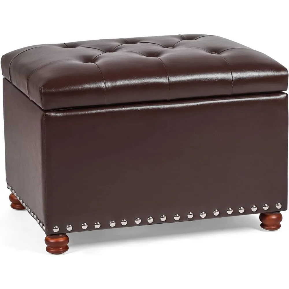 

Leather Storage Ottoman Bench Foot Rest Stool with Nailhead Trim (Dark Brown - Button Tufted Leather)