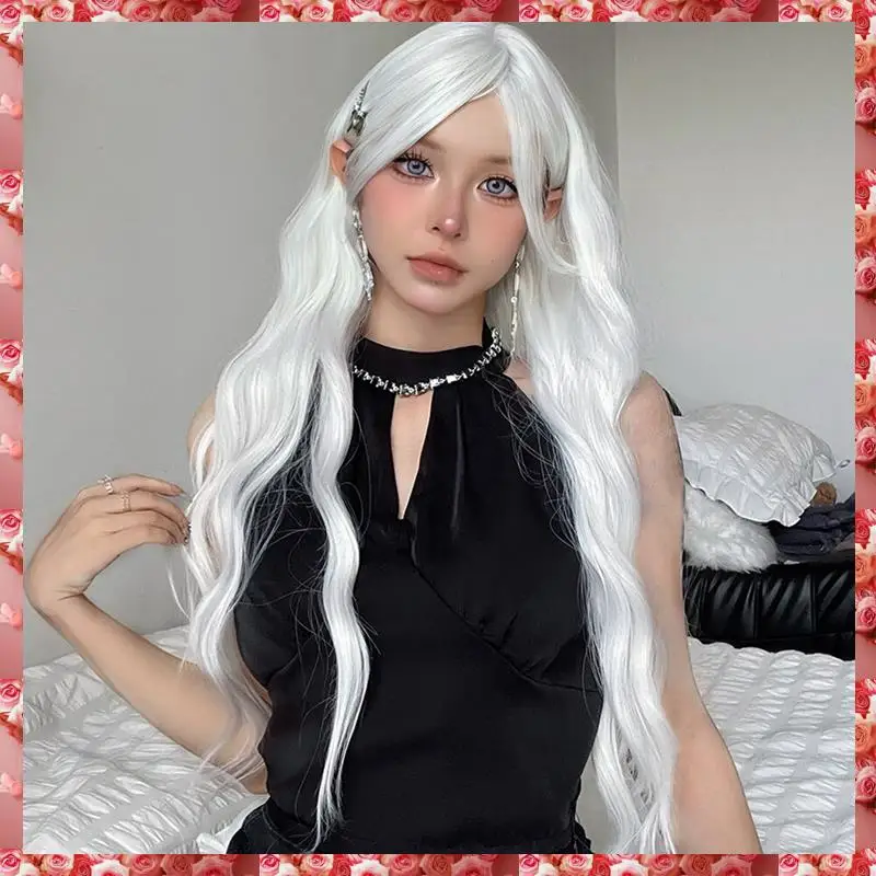 Parrucca lunga da donna con onda d'acqua Parrucca con frangia Parrucca setosa cosplay colorata bianca per le donne Festa quotidiana Capelli sintetici resistenti al calore -C