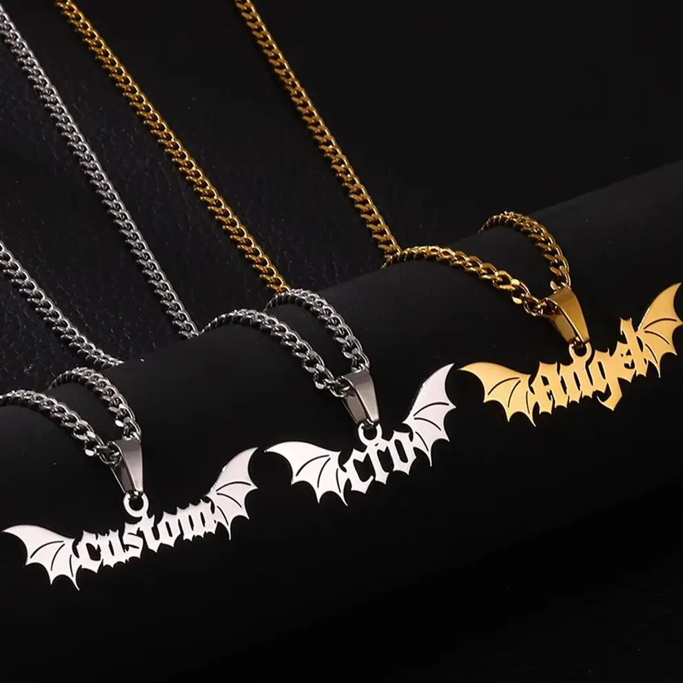 

Personalized Custom BatName Necklace for Men Women Stainless Steel Cuban Chain Gothic Vampire Wings Halloween Jewelry Gift