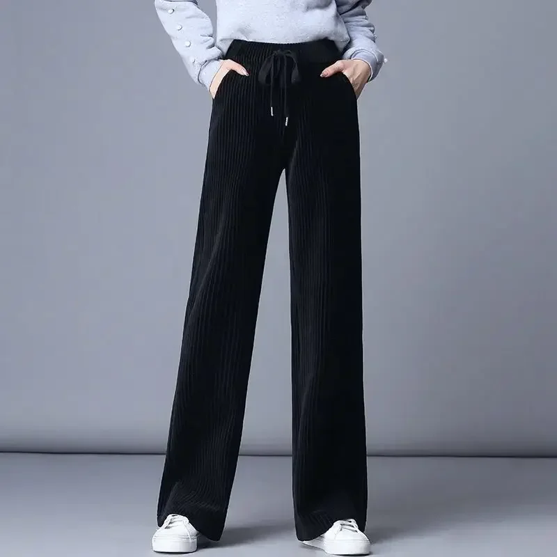 Winter Velvet Wide Leg Pants Women New Baggy Thicken Lace Up Straight Sweatpants Plush Liend Warm Pantalones High Wasit Spodnie