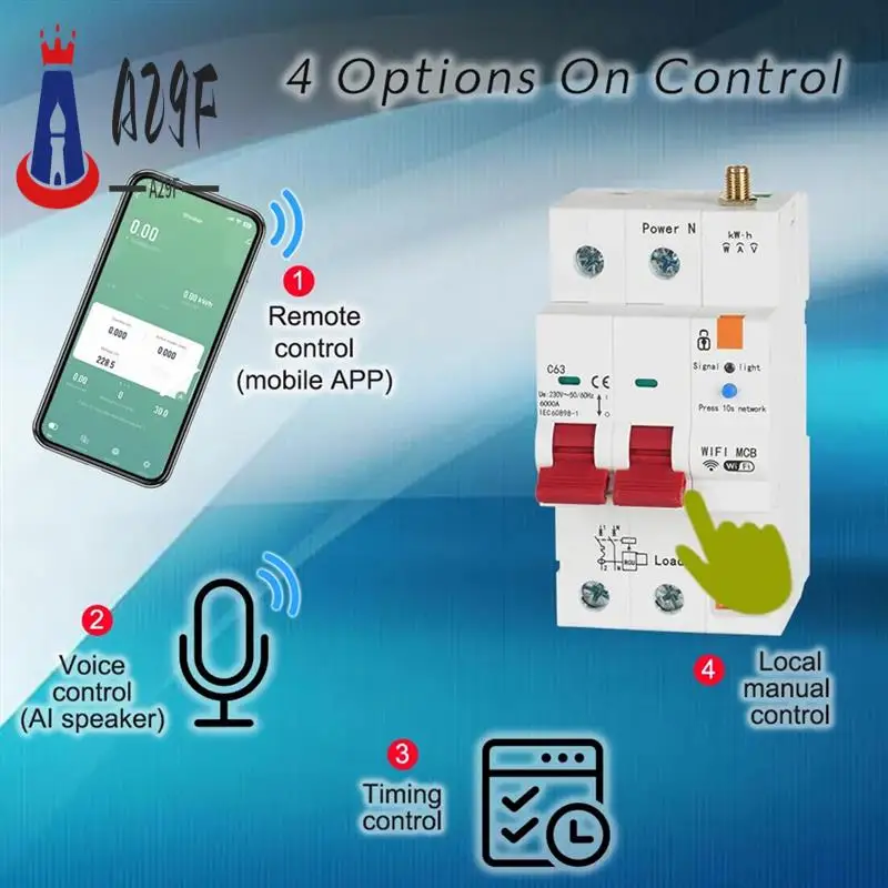 

A29F-Tuya Smart Wi-Fi RS485 2P 63A MCB выключатель предоплаченный счетчик таймер переключатель защита напряжения и тока голосовое управление Alexa легко U