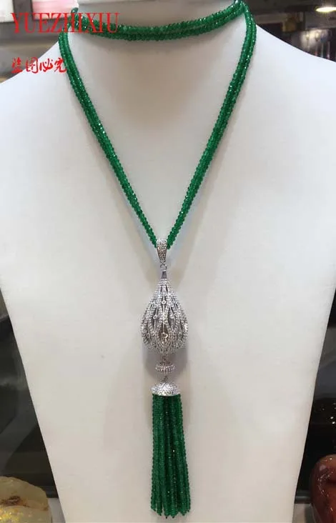 

hot sell new natural green JADE micro inlay zircon big water drop pendant tassel necklace long sweater chain fashion jewelry