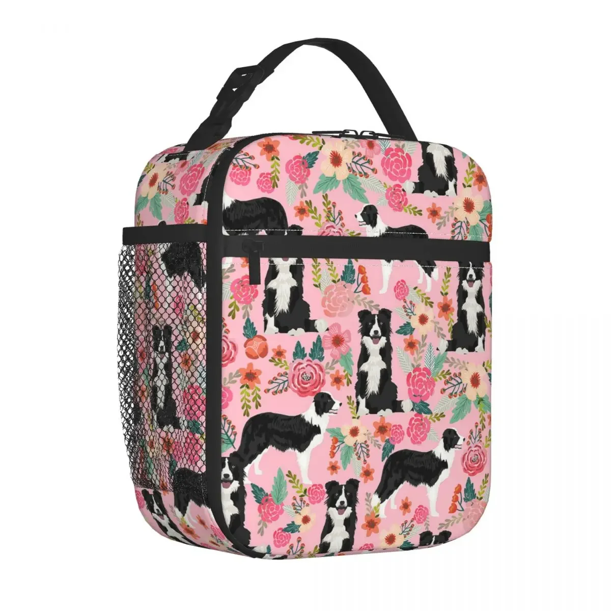 Border Collie Pink Floral Dog Insulated Lunch Bag Animal Meal Container Cooler Bag Lunch Box Tote Office Outdoor Men Women