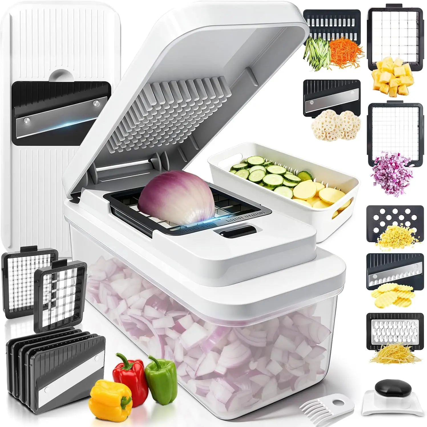 

14-in-1 Vegetable Cutter with 7 Blades, Container & Lid for Kitchen Slicing, Grating Essentials