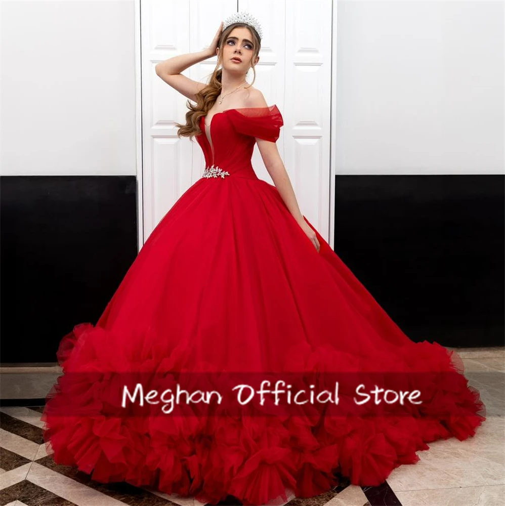 México vermelho fora do ombro quinceanera vestido grânulo apliques 2025 aniversário vestido de luxo plissado vestido de princesa doce 16 personalizado