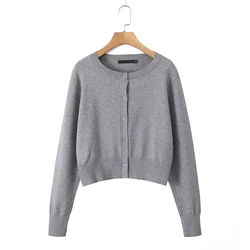 YENKYE New Autumn Women Round Neck Long Sleeve Crop Knit Cardigan Front Button Casual Sweater Outerwear Black Gray Blue