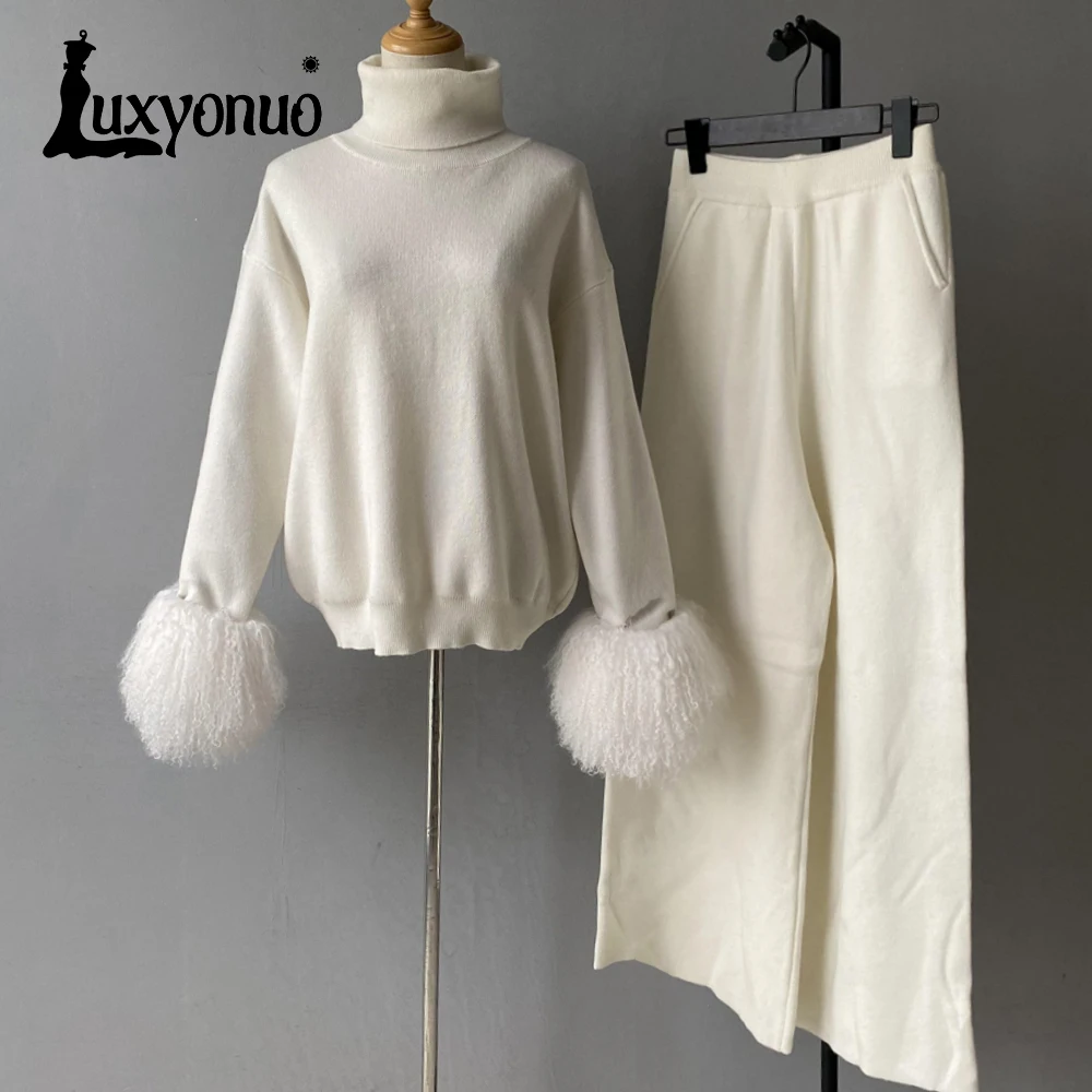 Luxyonuo Women's Sweater Set with Real Mongolian Sheep Fur Cuffs Wool Blend Knit Turtleneck Pullover Knit Pants Sets 2024 Autumn