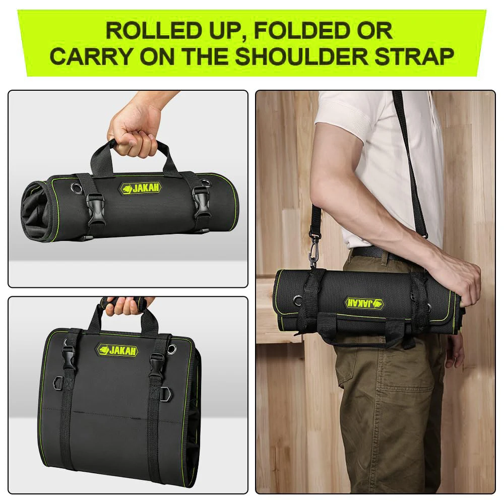 Roll Up Tool Bag, Multi-pockets Tool Organiser 600 Denier with 11 Interior Pockets, 68x36cm, Ideal for Craftsmen, Electricians