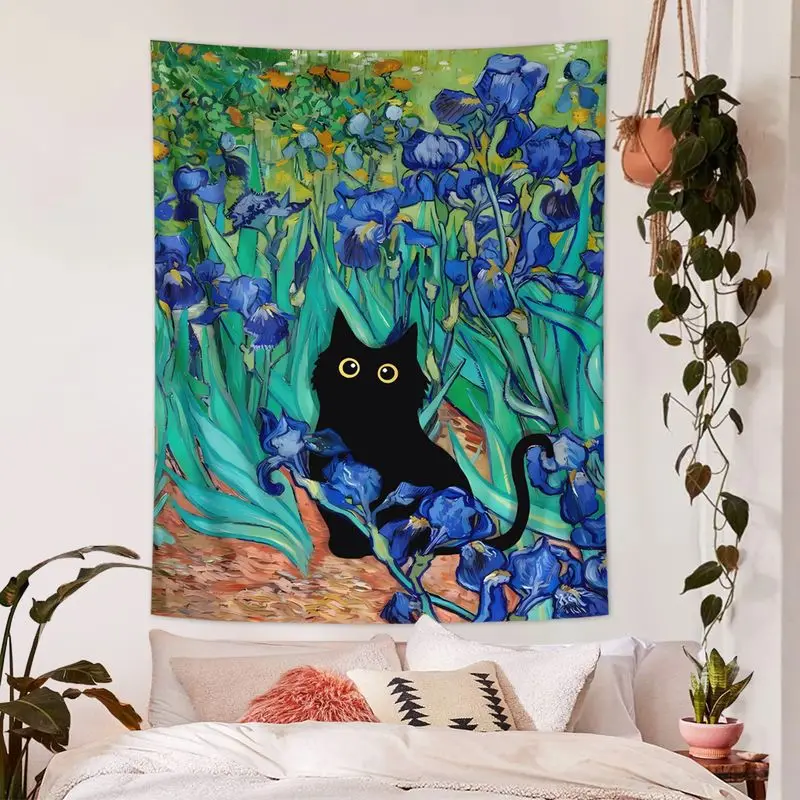 VIKAMA Iris Black Cat Art Tapestry Background Cloth Wall Decoration Living Room Background Wall Room Decoration