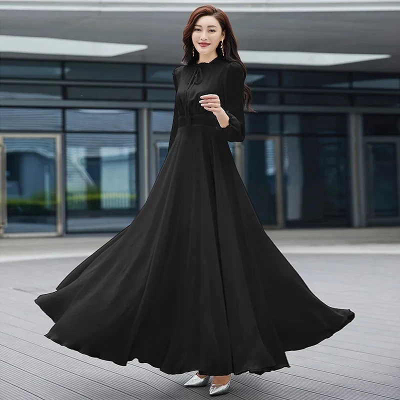 Vintage Chiffon Long Sleeve Dress Spring Autumn 2024 Womens Fashion Prom Maxi O-Neck Bodycon Tunics Chic Evening Midi Dresses