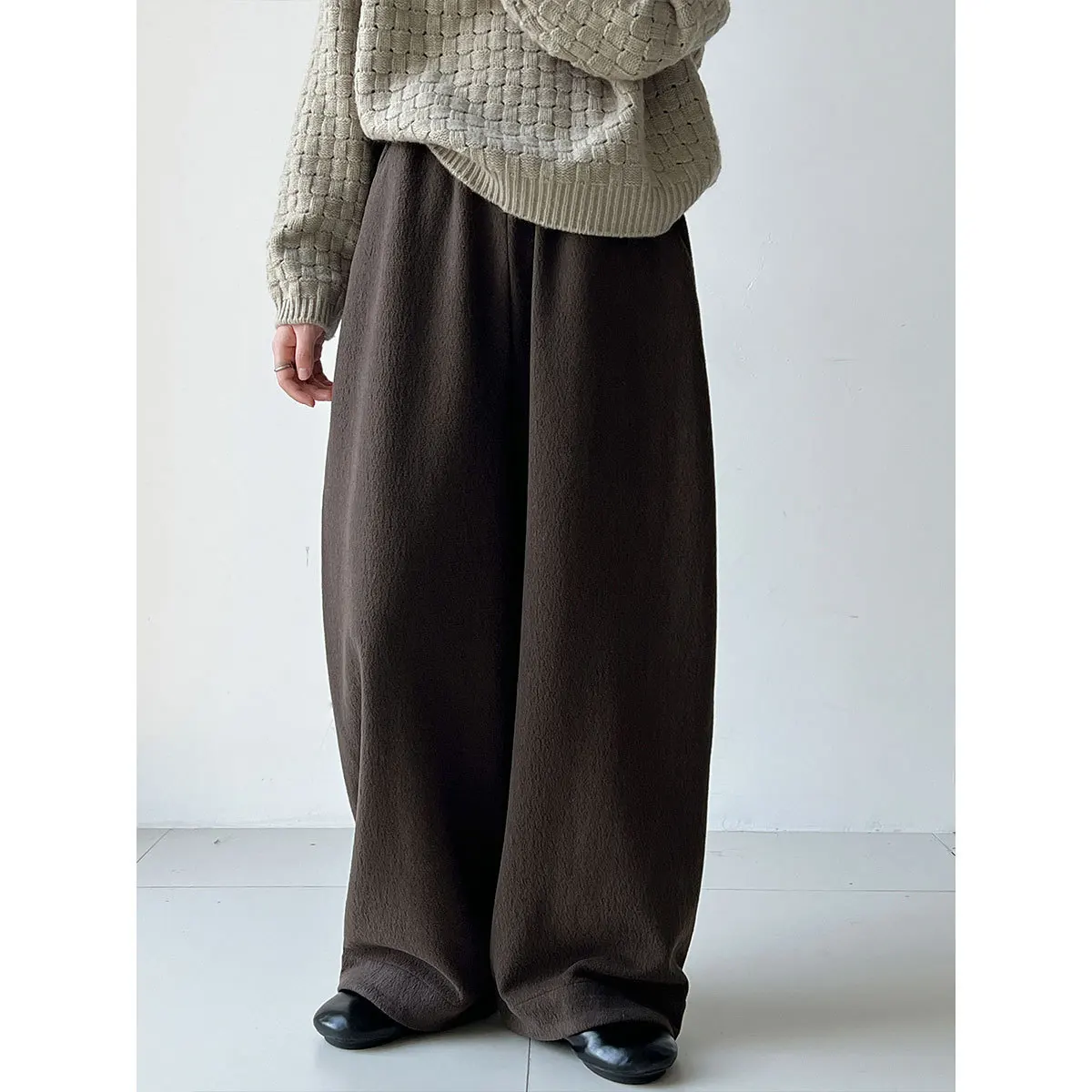 

Korean Style Wool Fleece Textured High Waist Elastic Casual Versatile Straight Long Pants For Women Winter New