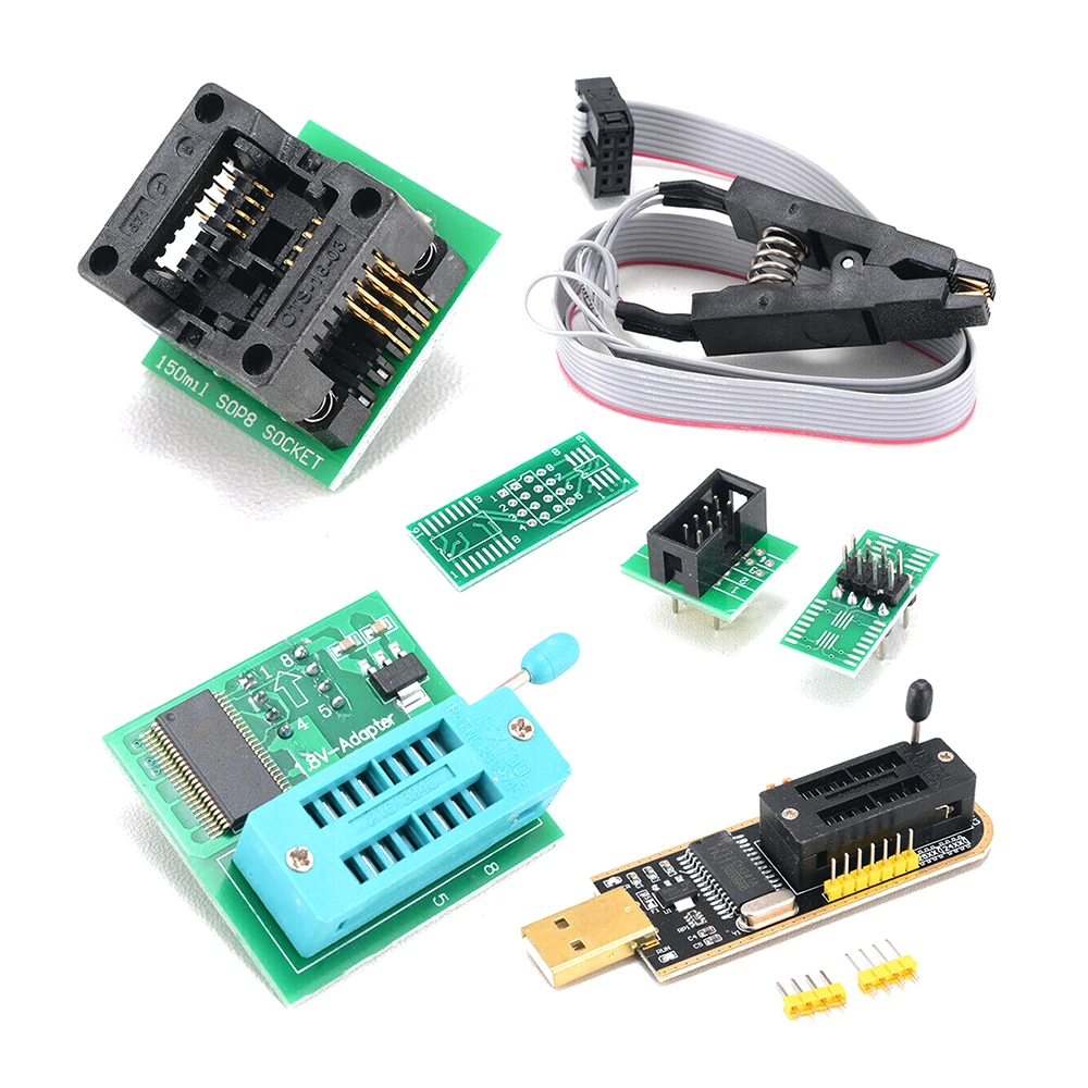 Kit de programador USB con SOP8 Clip EEPROM quemador BIOS Flasher SPI Flash, adaptador de 1,8 V y enchufe SOP8 de 150mil