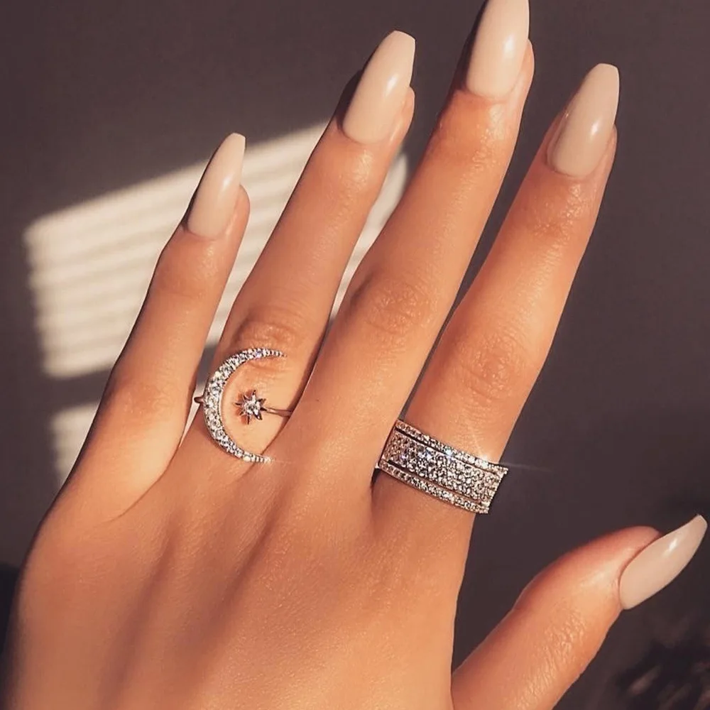 New Silver Plated Crescent Moon Ring | Star and Moon Ring | Ethnic Style Star Moon Index Finger Open Ring, Cubic Zirconia
