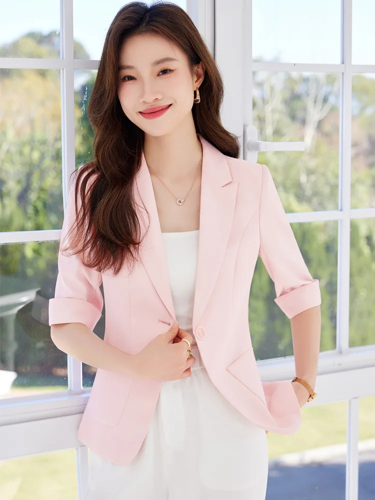 

Pink Suit Jacket for Women Summer Thin2024New Small Casual Half Sleeve Three-Quarter Sleeve Suit Spring and Summer