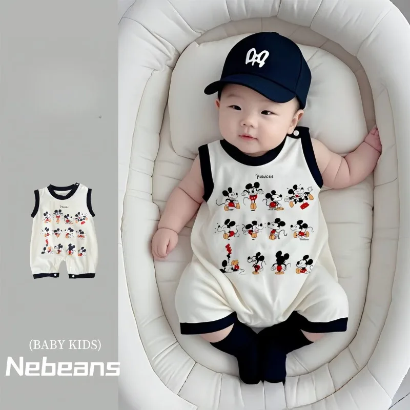 

New Summer Baby Girl Boy Romper Sleeveless Newborn 1pcs Cartoon Mouse Print Thin Jumpsuit Infant Casual Clothing Socks A6524