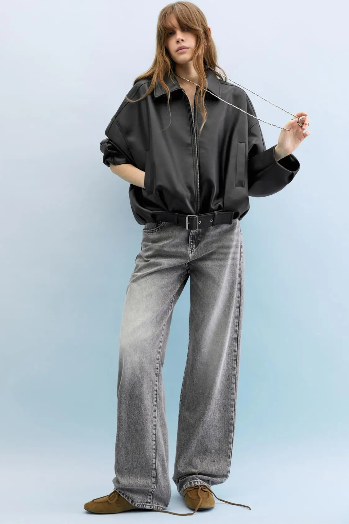 Elegant Pu Zipper Jacket with Belt Women Long Sleeve Lapel Loose Pockets All-match Jacket 2026 Autumn Leather Street Coat Lady